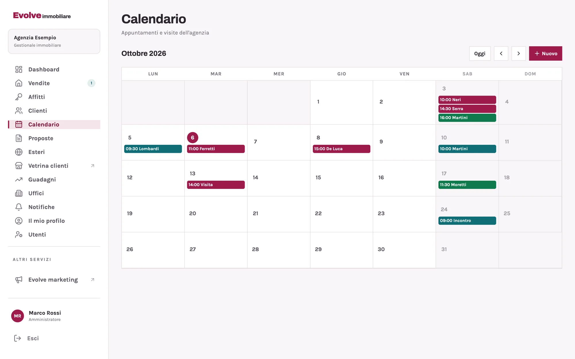 Il calendario dell'agenzia con visite e incontri