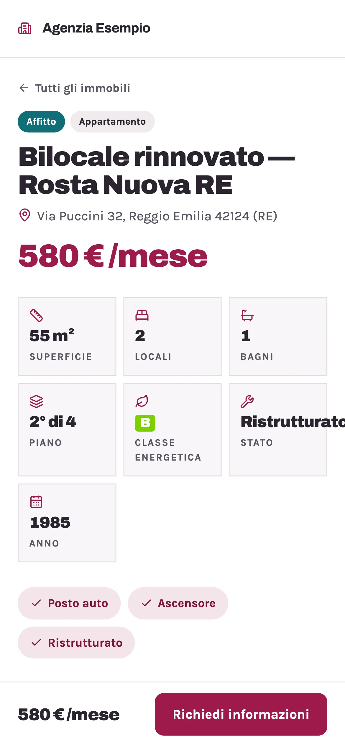 La pagina pubblica di un immobile sul telefono