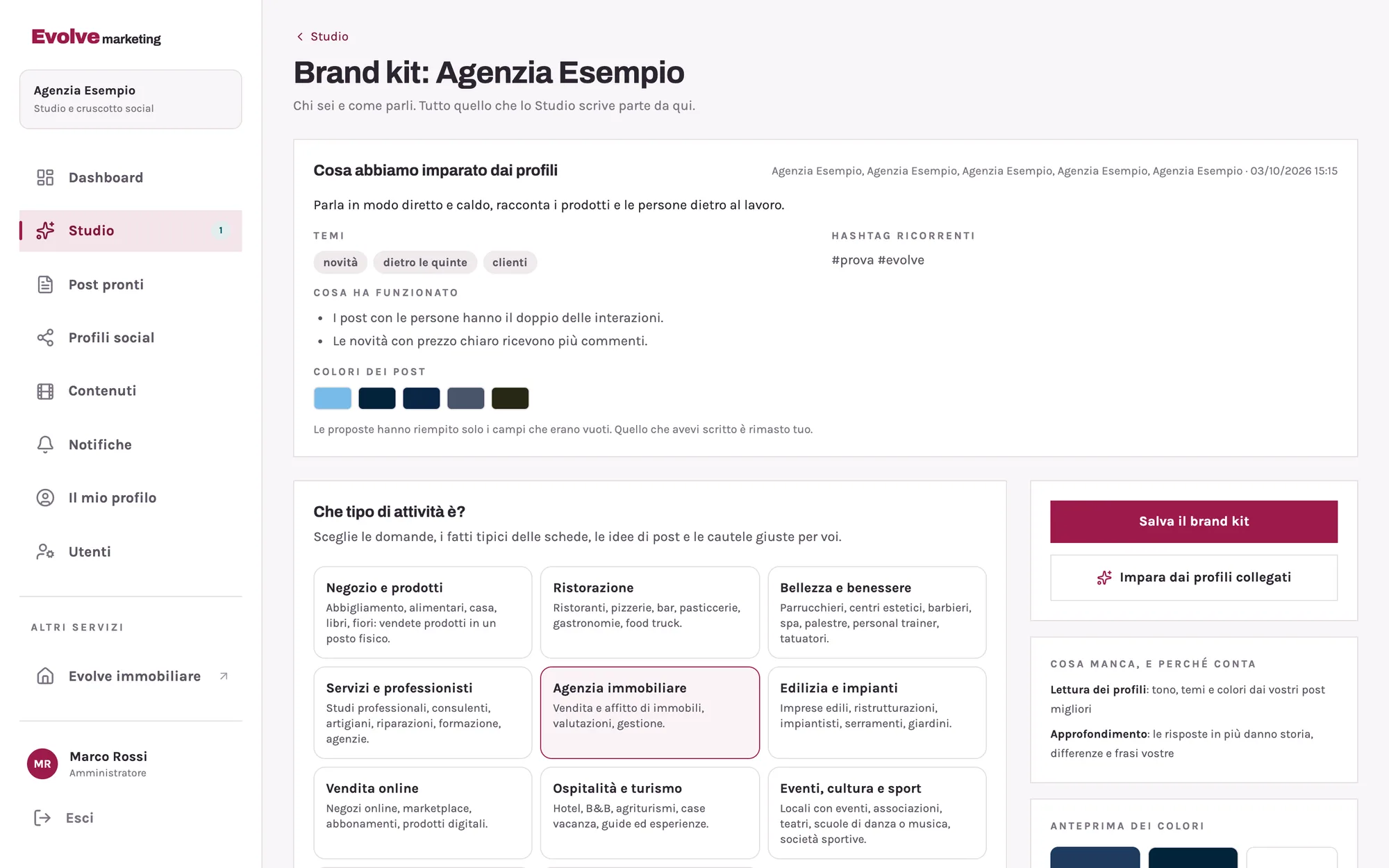 Il brand kit: quello che lo Studio ha imparato dai profili, il tipo di attività, i colori