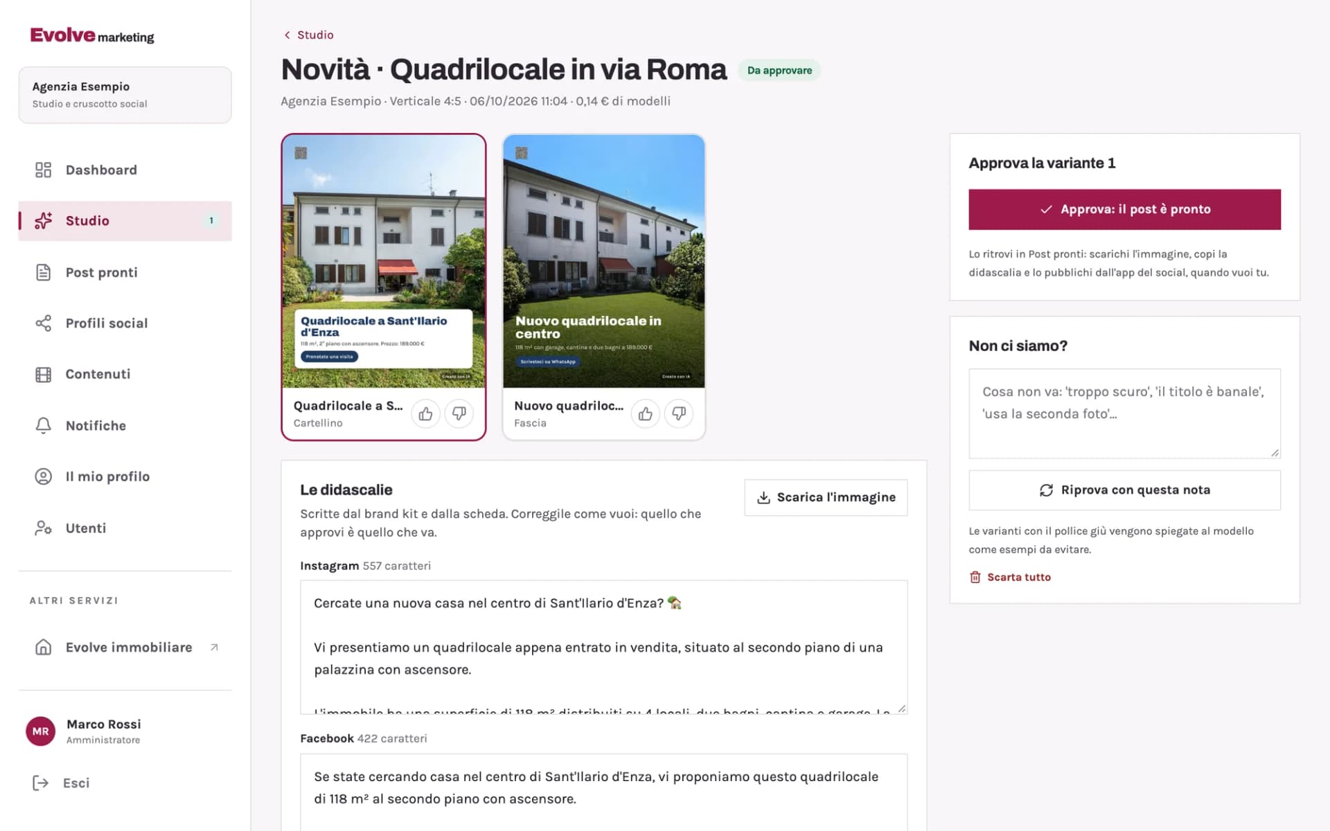 Le proposte dello Studio: due varianti del post con titolo e logo, le didascalie per ogni social, il bottone per approvare